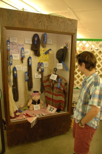 Young man looking at case of handspun yarn