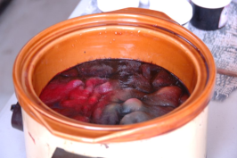 Red and gray on roving in crockpot