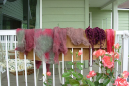 Wool yarn and batts on porch railing hanging to dry after dyeing